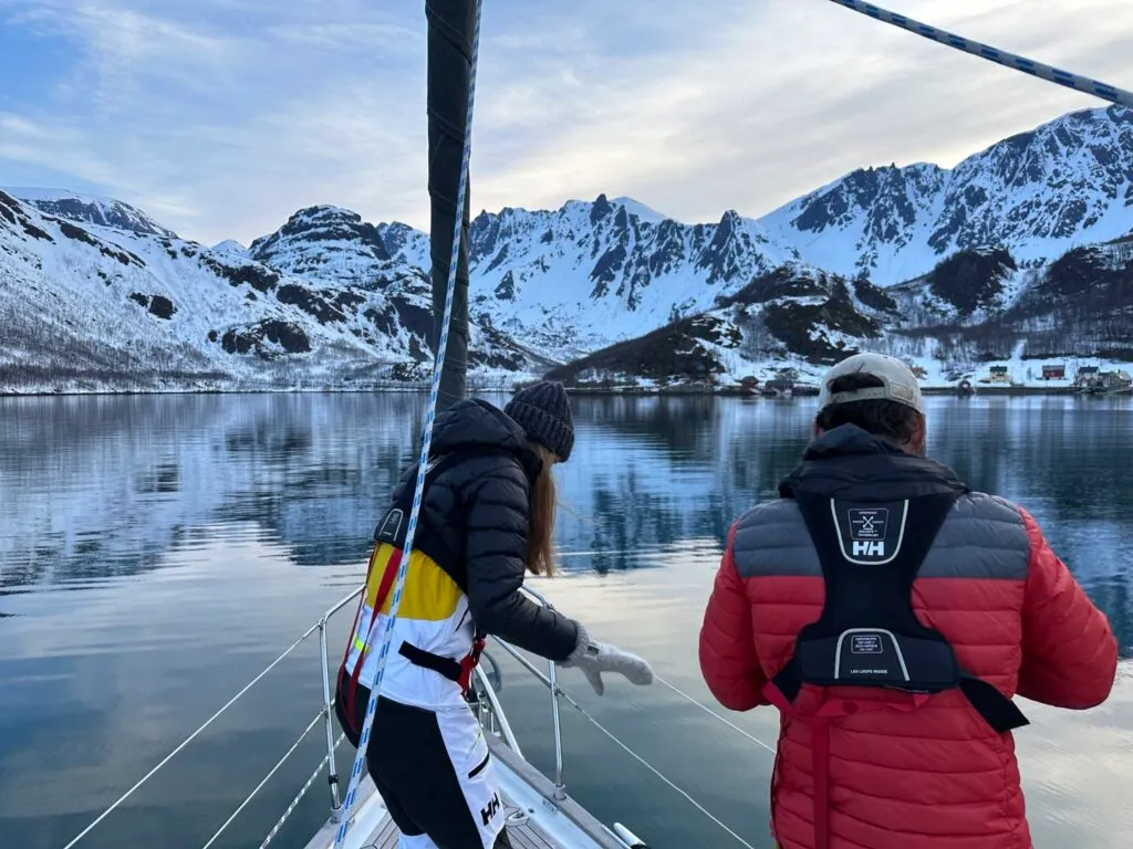 Getting ready to set anchor in Tverrfjorden, a side arm to Øksfjorden.
