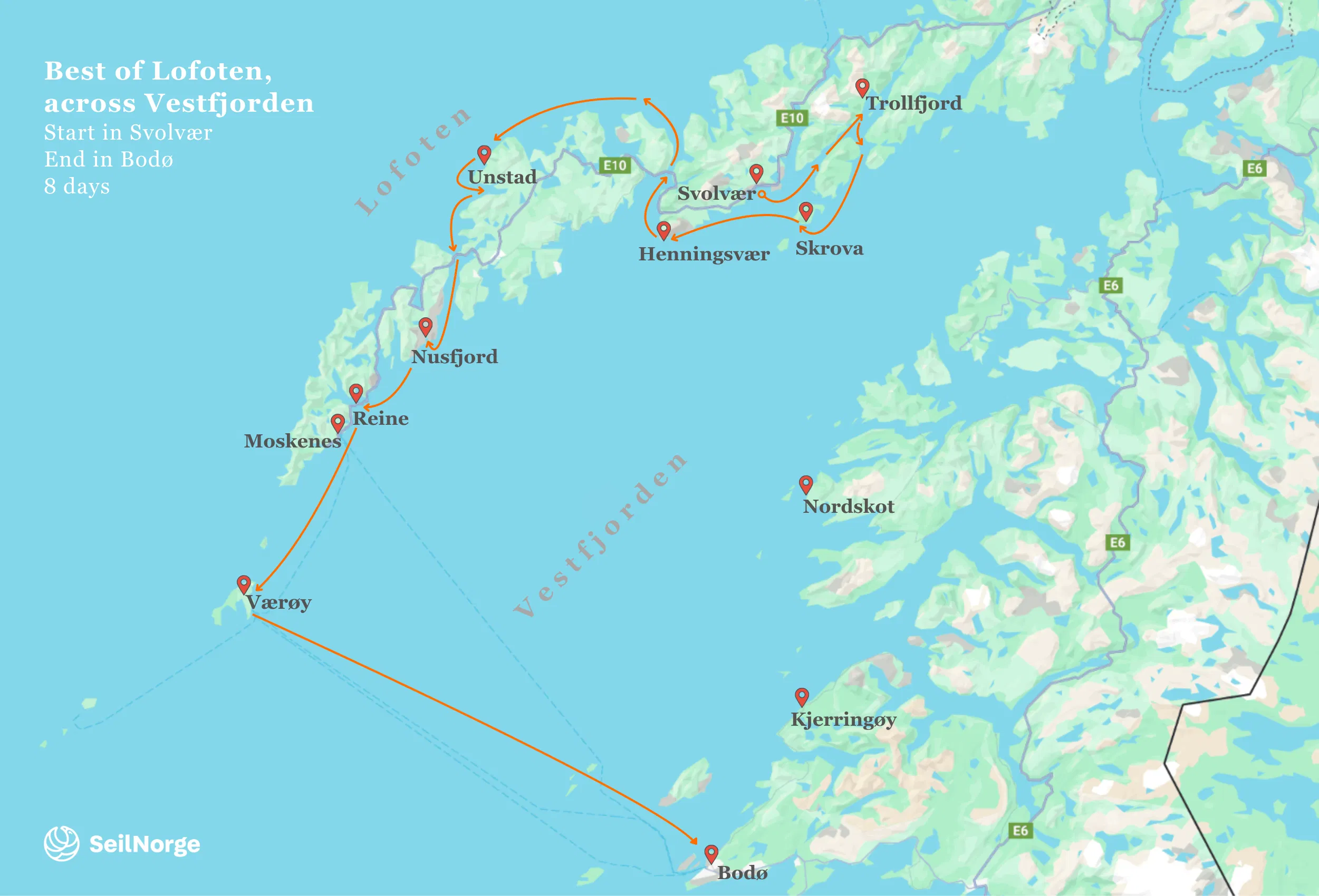 Map Sailing trip Best of Lofoten Across Vestfjorden