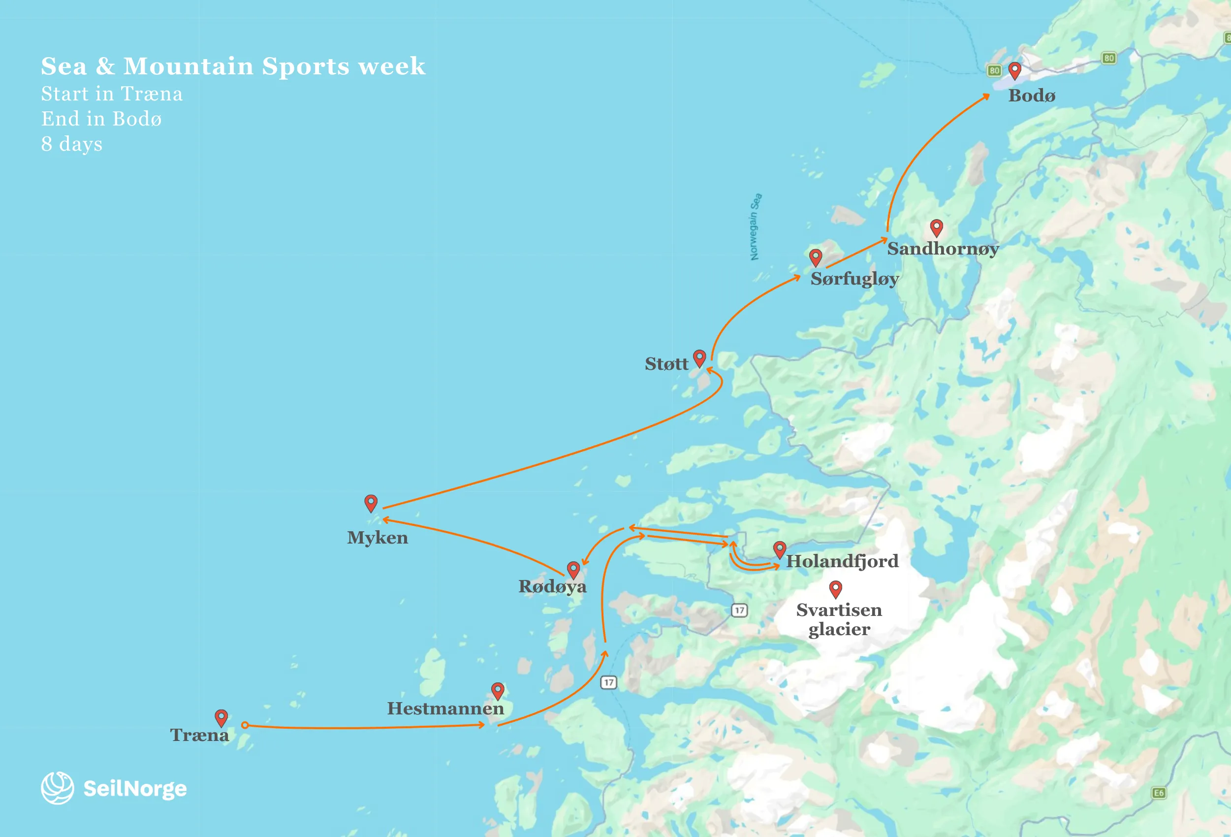 Map Sailing trip Sea and Mountain sports week