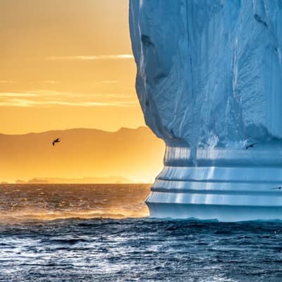 Isfjell, Ved, Solnedgang., Natur, Og, Landskap, Av, Grønland., Disko, Bay.