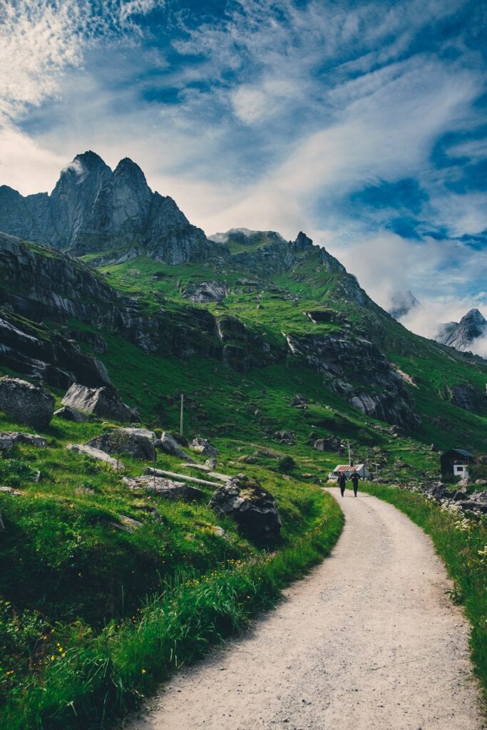 Beautiful landscape on the way to Bunes Beach in Lofoten.